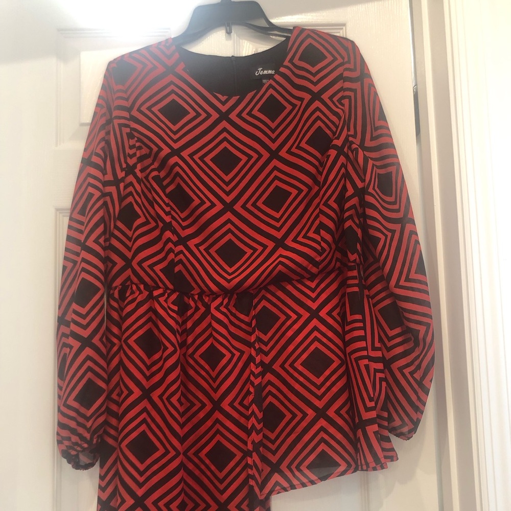 Red and black high low blouse